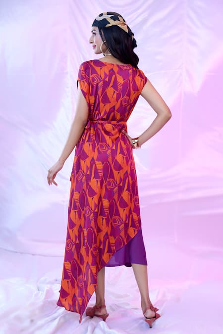 Siarra_Red Satin, Georgette Boat Neck Leaf Print Dress With Belt _Online_at_Aza_Fashions