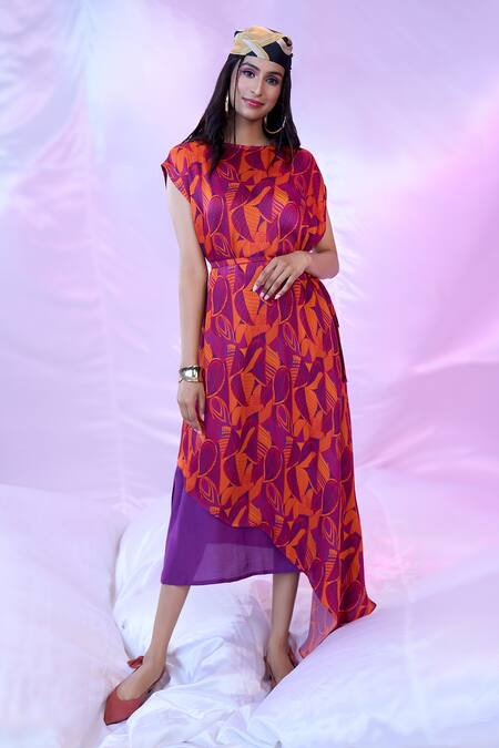 Buy_Siarra_Red Satin, Georgette Boat Neck Leaf Print Dress With Belt _Online_at_Aza_Fashions