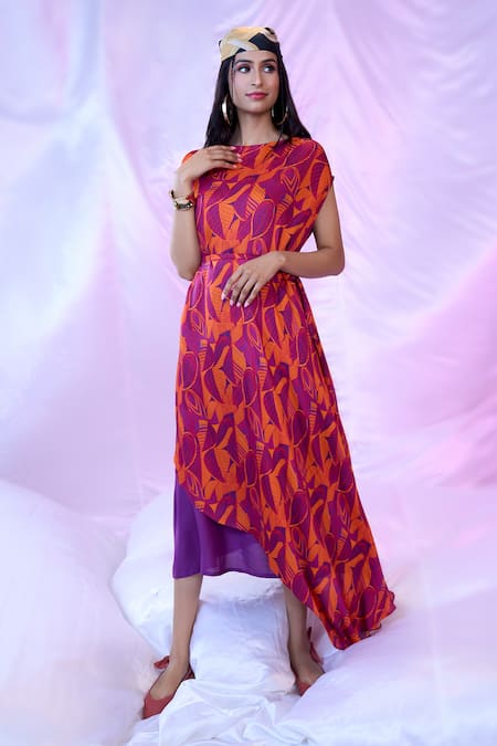 Shop_Siarra_Red Satin, Georgette Boat Neck Leaf Print Dress With Belt _Online_at_Aza_Fashions