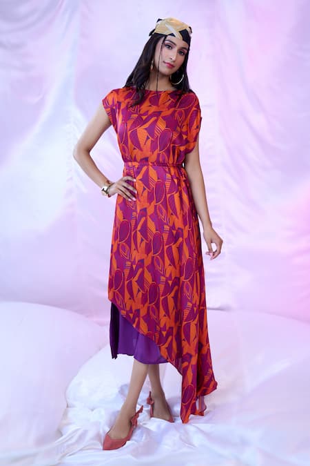 Siarra_Red Satin, Georgette Boat Neck Leaf Print Dress With Belt _at_Aza_Fashions