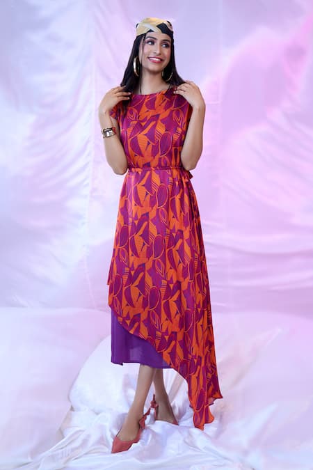 Buy_Siarra_Red Satin, Georgette Boat Neck Leaf Print Dress With Belt 