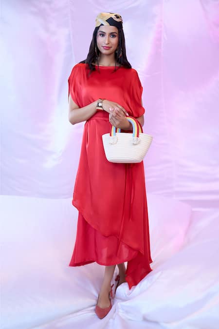 Buy_Siarra_Red Satin, Georgette Boat Neck Layered Asymmetric Dress With Belt _Online_at_Aza_Fashions