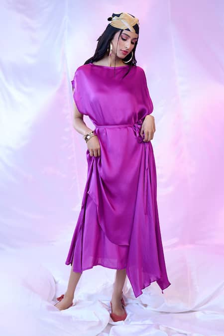 Buy_Siarra_Purple Satin, Georgette Boat Neck Asymmetric Layered Dress With Belt _Online_at_Aza_Fashions