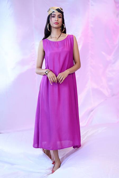 Shop_Siarra_Purple Satin, Georgette Boat Neck Asymmetric Layered Dress With Belt _Online_at_Aza_Fashions