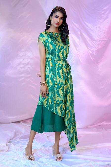 Shop Siarra Green Satin, Georgette Boat Neck Printed Layered Dress Online at Aza Fashions Shop_Siarra_Green Satin, Georgette Boat Neck Printed Layered Dress _Online_at_Aza_Fashions