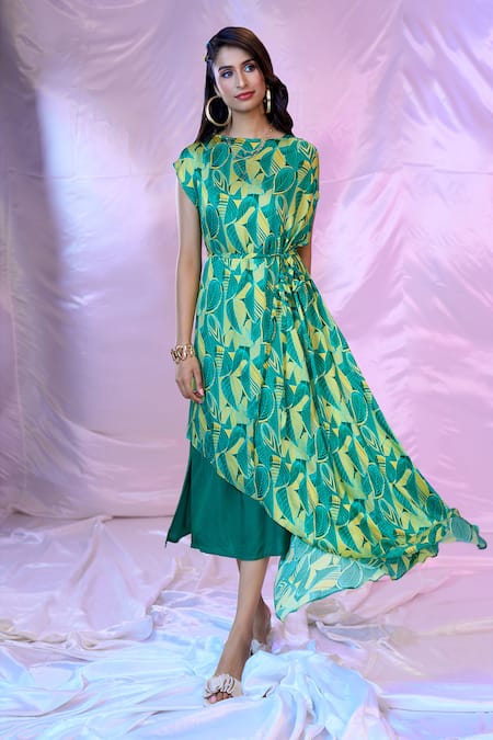 Siarra Green Satin, Georgette Boat Neck Printed Layered Dress at Aza Fashions Siarra_Green Satin, Georgette Boat Neck Printed Layered Dress _at_Aza_Fashions