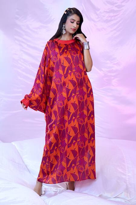 Buy_Siarra_Red Satin, Cotton Round Neck Leaf Print Dress _Online_at_Aza_Fashions