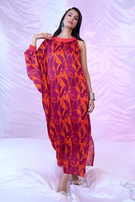 Shop_Siarra_Red Satin, Cotton Round Neck Leaf Print Dress _Online_at_Aza_Fashions