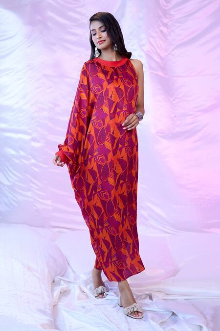 Siarra_Red Satin, Cotton Round Neck Leaf Print Dress _at_Aza_Fashions