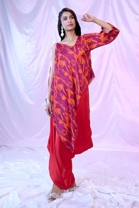 SIARRA Red Satin Georgette Printed Leaf Asymmetric Cowl Dress With Overlay  5