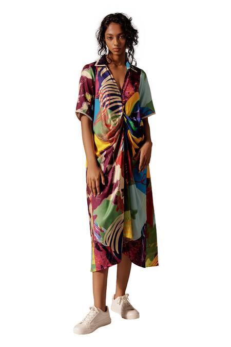 Advait_Multi Color V-neck Calypso Abstract Print Dress_Online_at_Aza_Fashions