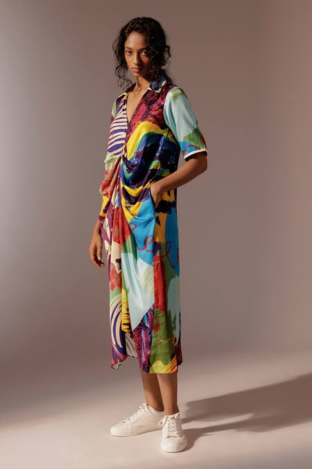 Shop_Advait_Multi Color V-neck Calypso Abstract Print Dress_Online_at_Aza_Fashions