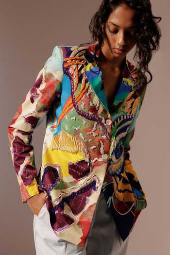 Advait Multi Color Beads, Embroidery Calypso Abstract Print Embellished Blazer at Aza Fashions Advait_Multi Color Beads, Embroidery Calypso Abstract Print Embellished Blazer_at_Aza_Fashions