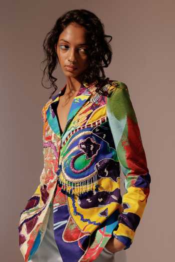 Buy Advait Multi Color Beads, Embroidery Calypso Abstract Print Embellished Blazer Buy_Advait_Multi Color Beads, Embroidery Calypso Abstract Print Embellished Blazer