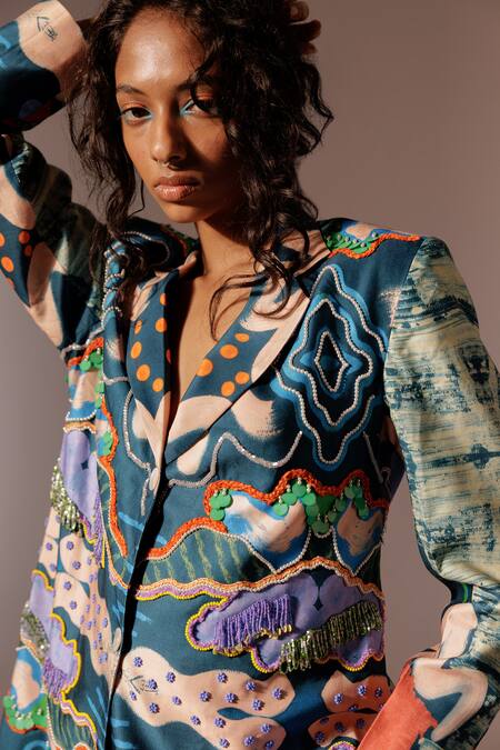 Advait Multi Color Beads, Embroidery Echo Abstract Print Threadwork Blazer at Aza Fashions Advait_Multi Color Beads, Embroidery Echo Abstract Print Threadwork Blazer_at_Aza_Fashions