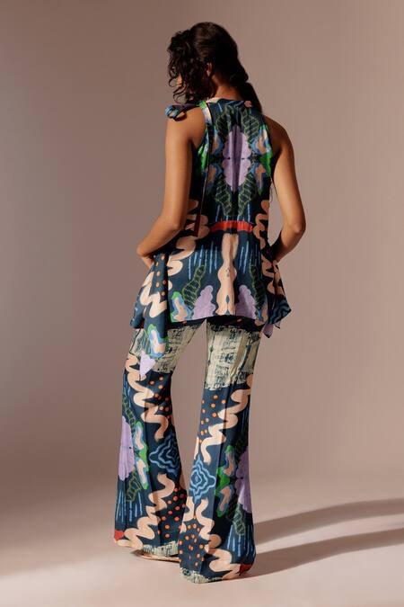 Shop Advait Multi Color Bemberg Satin Twill Printed Abstract Echo Flared Trouser at Aza Fashions Shop_Advait_Multi Color Bemberg Satin Twill Printed Abstract Echo Flared Trouser_at_Aza_Fashions