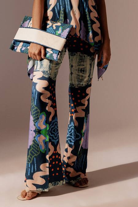 Shop Advait Multi Color Bemberg Satin Twill Printed Abstract Echo Flared Trouser Online at Aza Fashions Shop_Advait_Multi Color Bemberg Satin Twill Printed Abstract Echo Flared Trouser_Online_at_Aza_Fashions