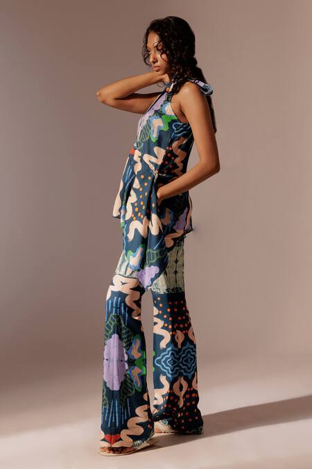 Advait Multi Color Bemberg Satin Twill Printed Abstract Echo Flared Trouser at Aza Fashions Advait_Multi Color Bemberg Satin Twill Printed Abstract Echo Flared Trouser_at_Aza_Fashions