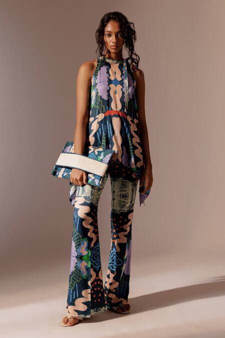 Advait_Multi Color Bandeau Neck Echo Printed Peplum Top _at_Aza_Fashions