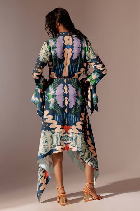 Shop_Advait_Multi Color Collared Echo Abstract Print Dress _at_Aza_Fashions
