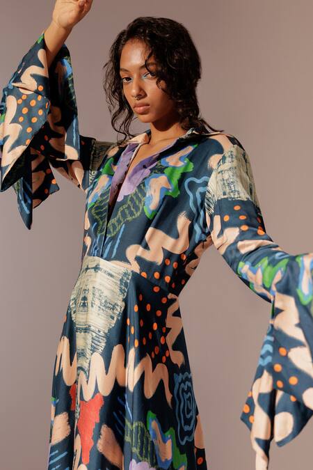 Advait_Multi Color Collared Echo Abstract Print Dress _at_Aza_Fashions