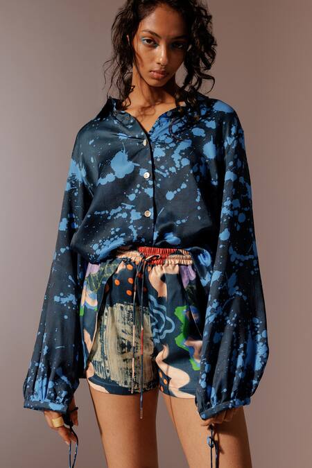 Advait_Multi Color Bemberg Satin Twill Printed Abstract Echo Overlap Panel Shorts_at_Aza_Fashions