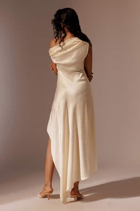Shop_Advait_Ivory Asymmetric Elio Draped Slit Dress _at_Aza_Fashions