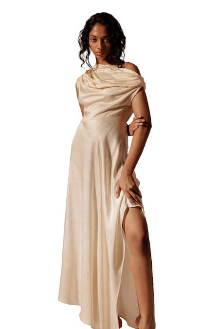 Advait_Ivory Asymmetric Elio Draped Slit Dress _Online_at_Aza_Fashions
