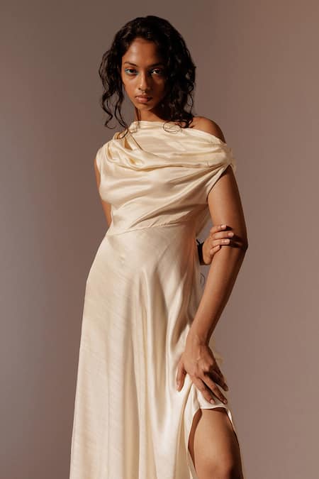 Buy_Advait_Ivory Asymmetric Elio Draped Slit Dress _Online_at_Aza_Fashions