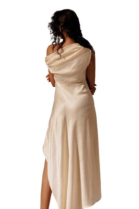 Shop_Advait_Ivory Asymmetric Elio Draped Slit Dress _Online_at_Aza_Fashions