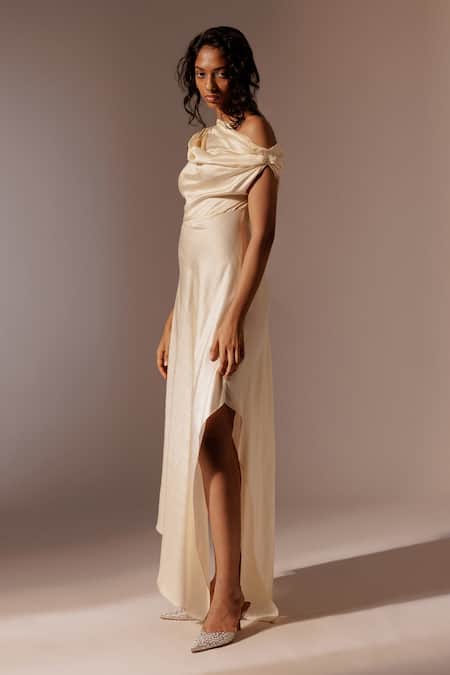 Advait_Ivory Asymmetric Elio Draped Slit Dress _at_Aza_Fashions
