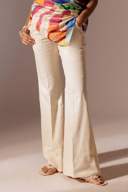 Shop_Advait_Ivory Cotton Drill Solid Elio Flared Trouser _Online_at_Aza_Fashions
