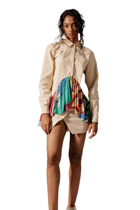 Advait_Ivory Cotton Collared Elio Gathered Panel Shirt_Online_at_Aza_Fashions