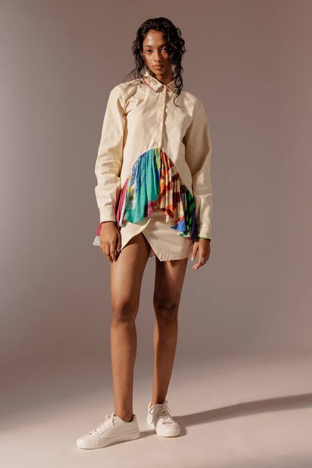 Advait_Ivory Cotton Collared Elio Gathered Panel Shirt_at_Aza_Fashions