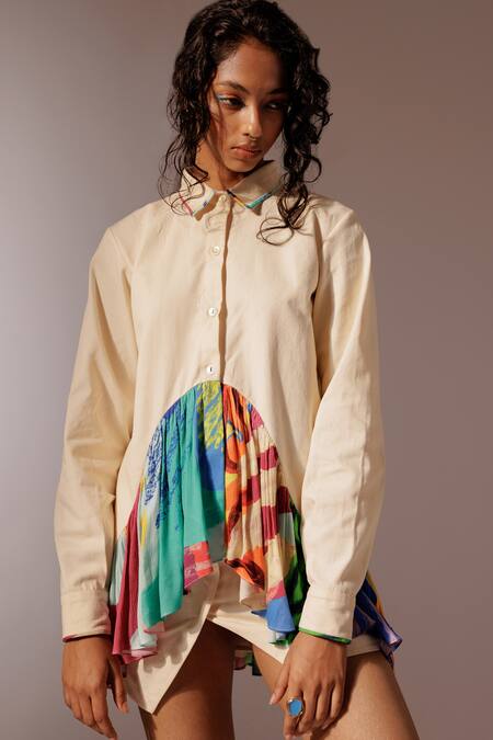 Shop_Advait_Ivory Cotton Collared Elio Gathered Panel Shirt
