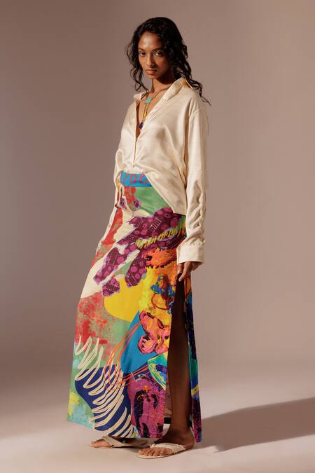 Shop_Advait_Ivory Collared Elio Smocked Sleeve Shirt _Online_at_Aza_Fashions