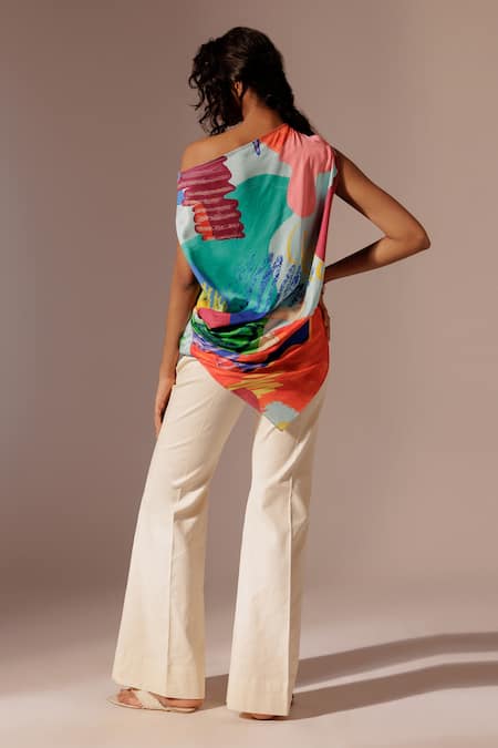 Shop_Advait_Multi Color Satin Asymmetric Island Abstract Print Top_at_Aza_Fashions
