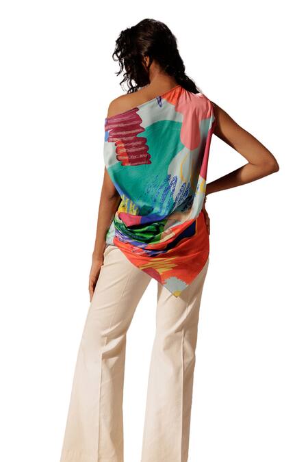 Advait_Multi Color Satin Asymmetric Island Abstract Print Top_Online_at_Aza_Fashions