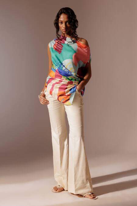 Advait_Multi Color Satin Asymmetric Island Abstract Print Top_at_Aza_Fashions