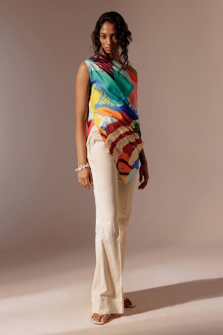 Buy_Advait_Multi Color Satin Asymmetric Island Abstract Print Top