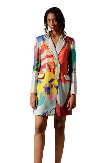 Advait Multi Color Collared Island Abstract Print Blazer Dress Online at Aza Fashions Advait_Multi Color Collared Island Abstract Print Blazer Dress_Online_at_Aza_Fashions