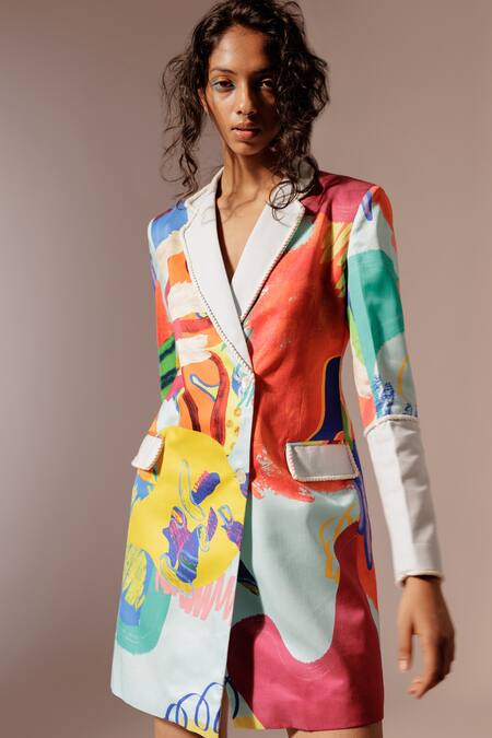 Advait Multi Color Collared Island Abstract Print Blazer Dress at Aza Fashions Advait_Multi Color Collared Island Abstract Print Blazer Dress_at_Aza_Fashions
