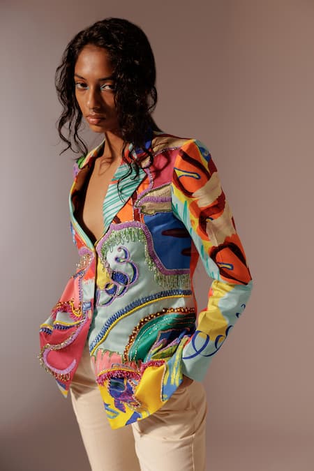 Advait Multi Color Beads, Embroidery Island Printed Embellished Blazer at Aza Fashions Advait_Multi Color Beads, Embroidery Island Printed Embellished Blazer_at_Aza_Fashions