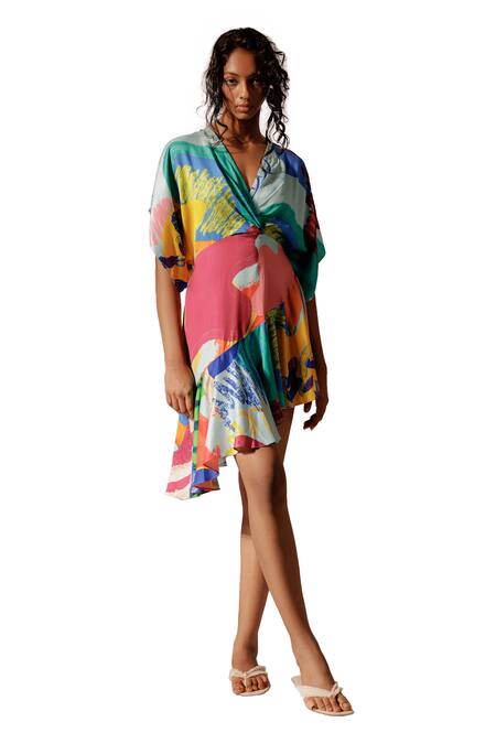 Buy_Advait_Multi Color V-neck Island Print Ruffle Dress_Online_at_Aza_Fashions