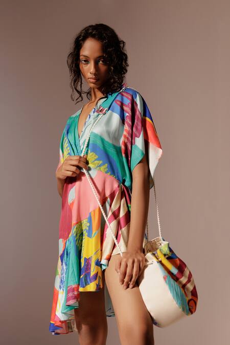 Shop_Advait_Multi Color V-neck Island Print Ruffle Dress_Online_at_Aza_Fashions