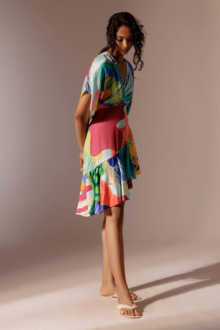 Advait_Multi Color V-neck Island Print Ruffle Dress_at_Aza_Fashions
