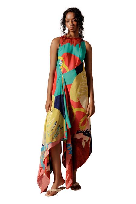 Advait_Multi Color Crepe Round Neck Juno Print Asymmetrical Dress _Online_at_Aza_Fashions