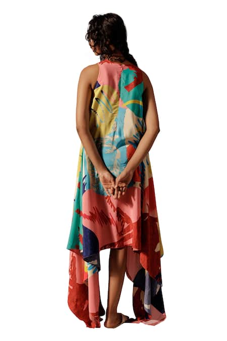 Buy_Advait_Multi Color Crepe Round Neck Juno Print Asymmetrical Dress _Online_at_Aza_Fashions