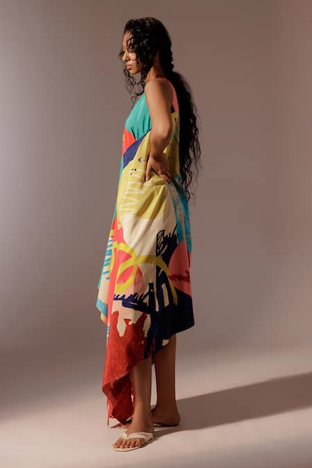 Shop_Advait_Multi Color Crepe Round Neck Juno Print Asymmetrical Dress _Online_at_Aza_Fashions