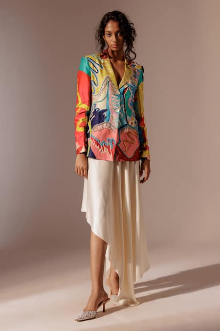 Advait_Multi Color Bamboo Beads, Embroidery Juno Blazer _Online_at_Aza_Fashions